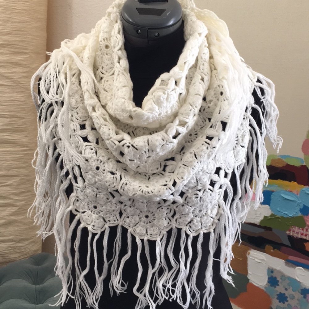 White hand crocheted fringe Shawl